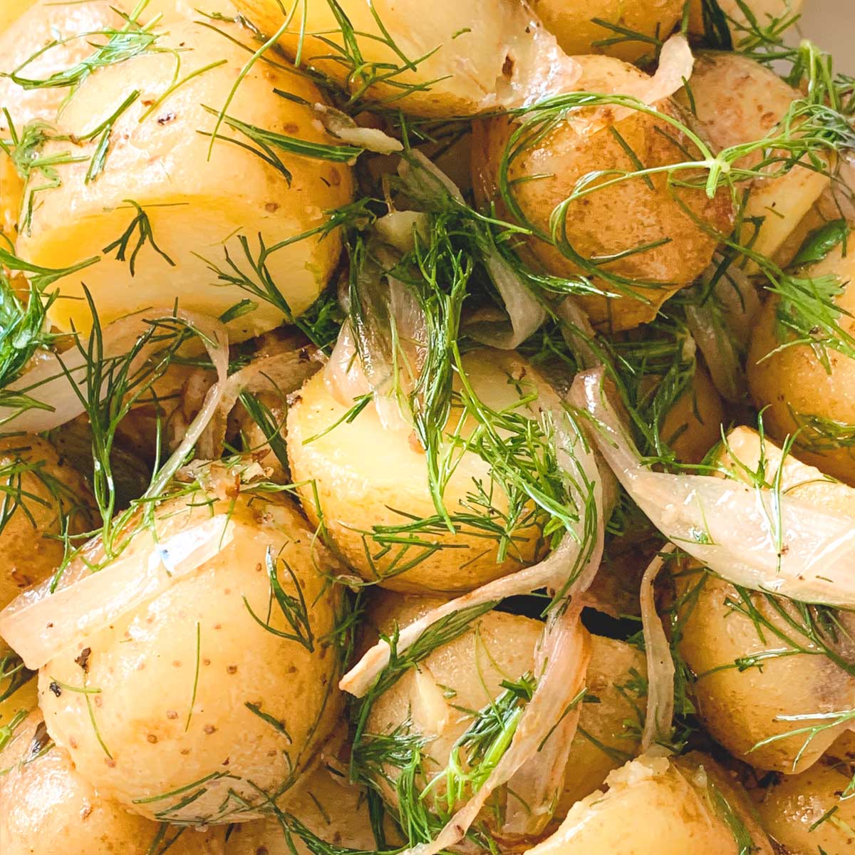Receitas De Salada Com Batata Close-up de batatas cozidas guarnecidas com endro fresco e cebolas.