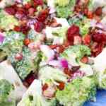 Un primer plano de una ensalada de brócoli con tocino, arándanos, cebolla roja y semillas de girasol.