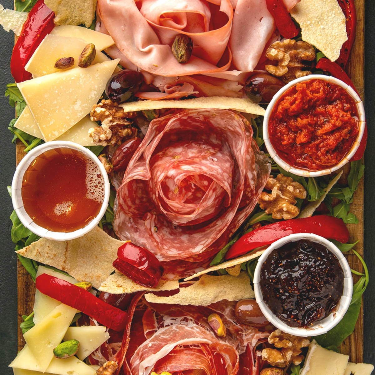Selection of tapenades on a charcuterie board