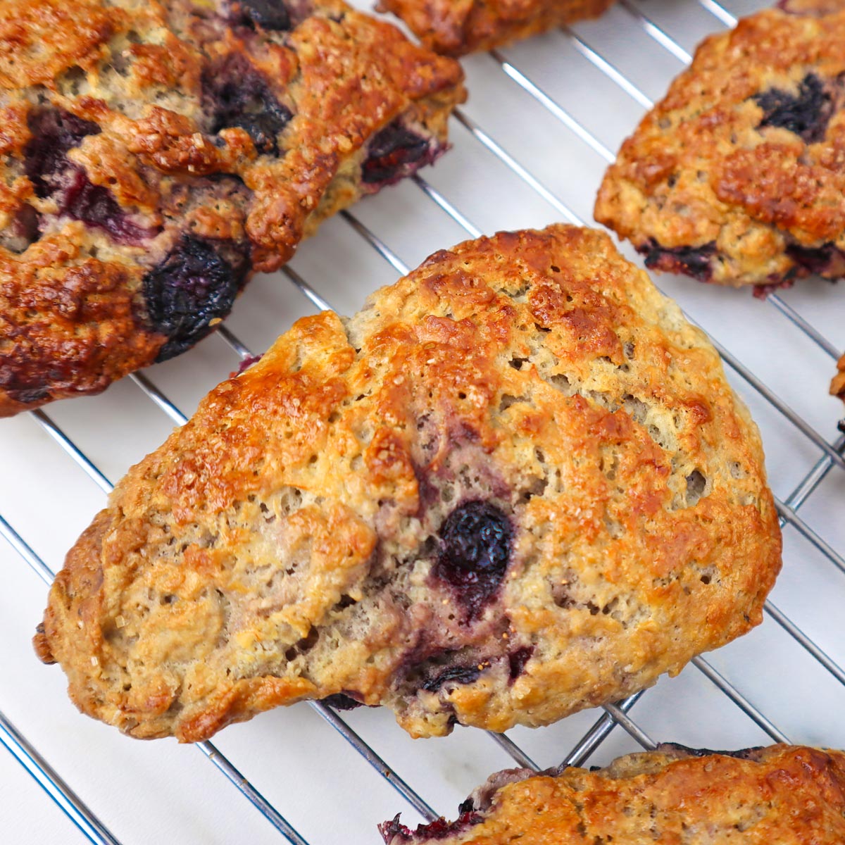 Goldbraune Blaubeer-Scones kühlen auf einem Kuchengitter ab.