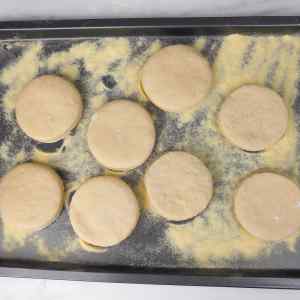 Muffins anglais crus, façonnés et posés sur une plaque de cuisson farinée.