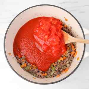 Ground meat and vegetables with tomato sauce being mixed in a pot.