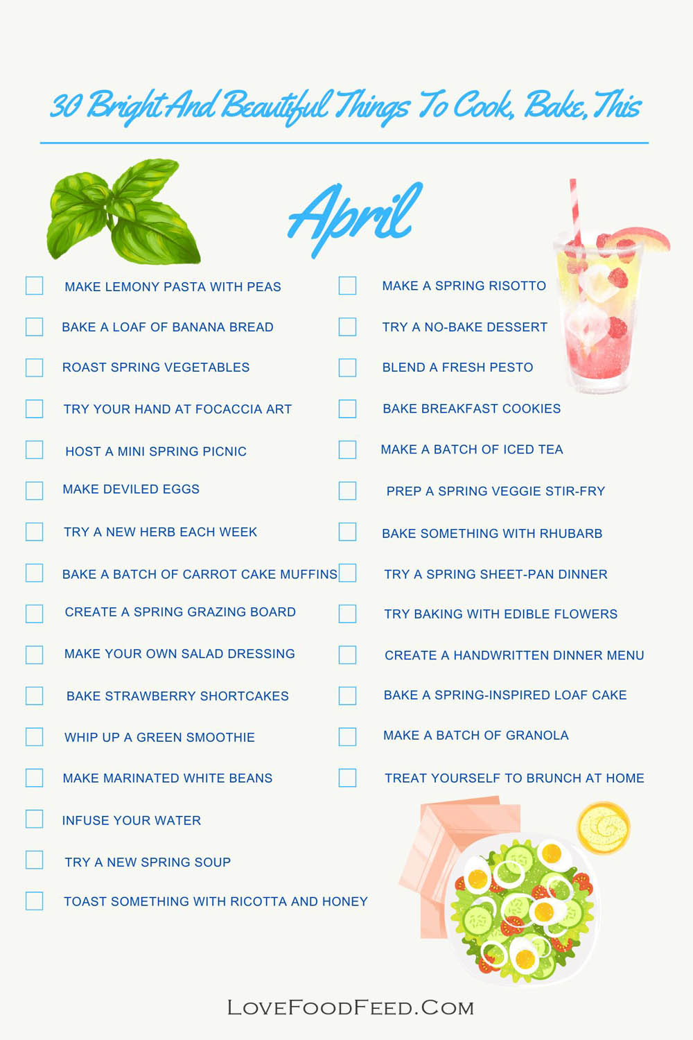 30 vrolijke en mooie dingen om te koken, bakken en van te genieten deze april Een kleurrijke lijst met 30 seizoensrecepten en -activiteiten voor april, vol kook- en bakideeën.