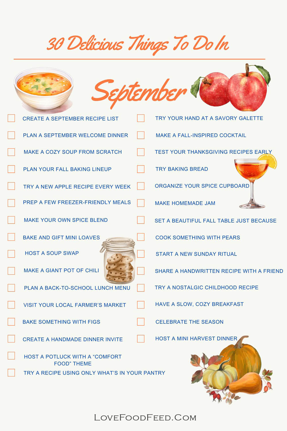 30 activités délicieuses à faire en septembre Une liste intitulée ' 30 choses délicieuses à faire en septembre ' proposant diverses activités culinaires et saisonnières.