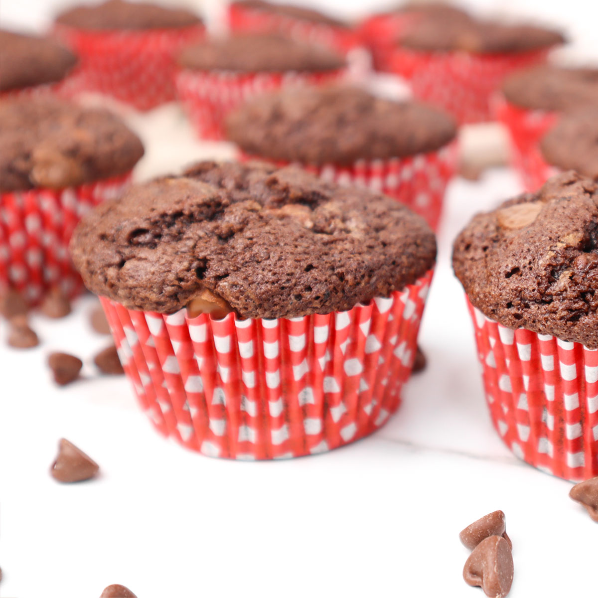 Close-up of chocolate zucchini muffins in red and white striped liners, with chocolate chips scattered around.