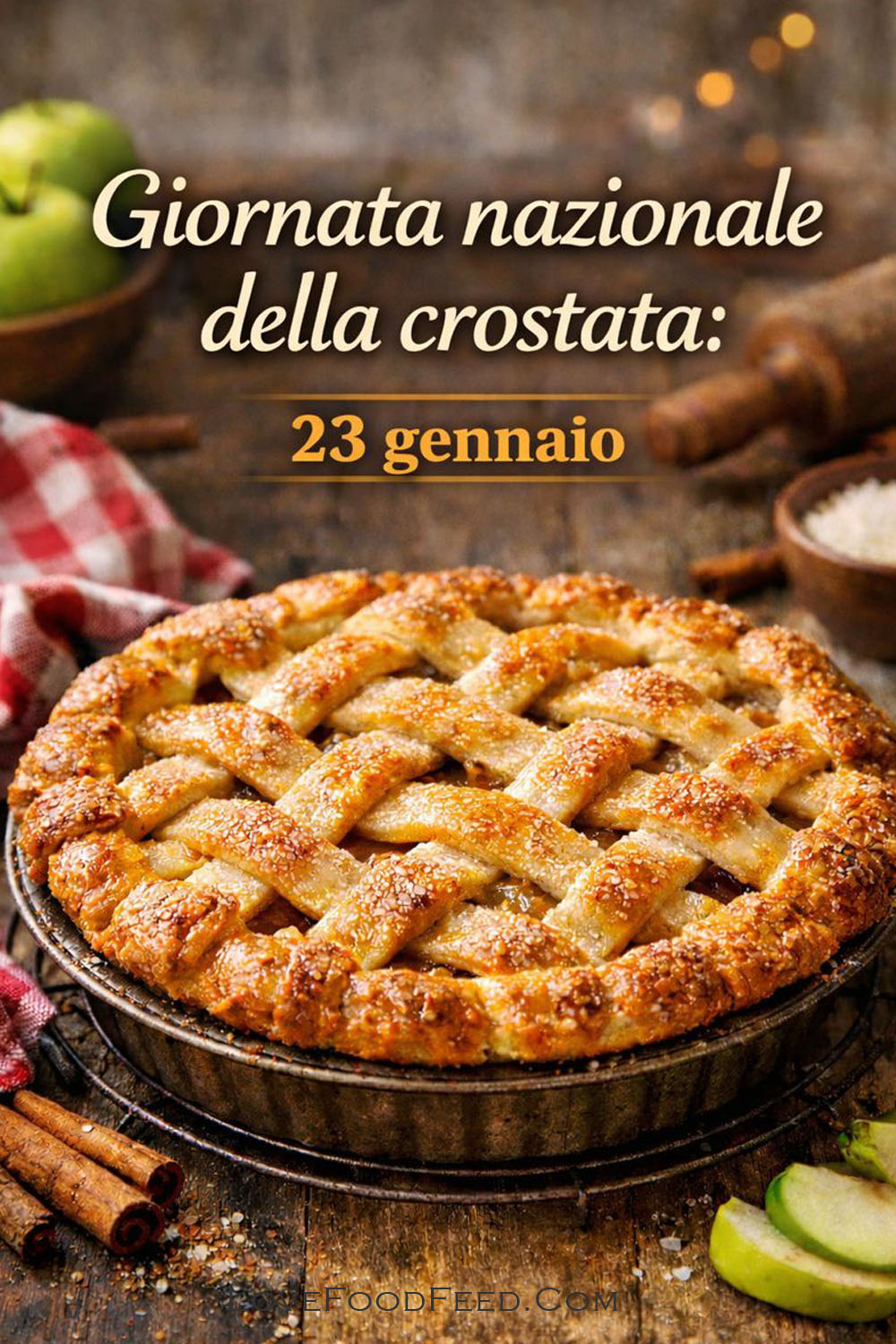 Giornata nazionale della torta-23-gennaio-1500-IT-01 Una deliziosa torta di mele con una crosta dorata a forma di reticolo, per celebrare la Giornata nazionale della torta, il 23 gennaio.