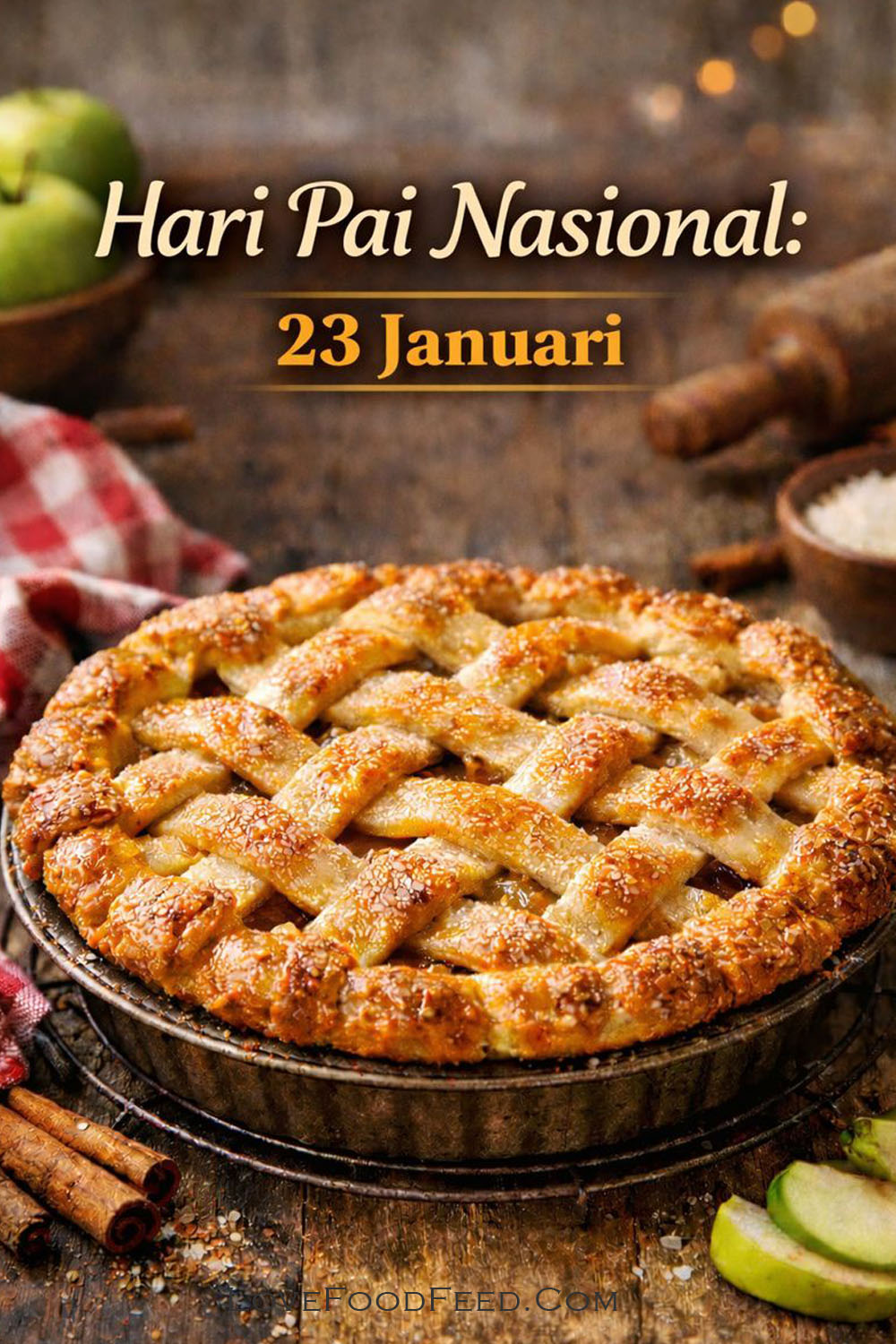 Pai apel lezat dengan kerak berbentuk jaring berwarna keemasan, untuk merayakan Hari Pai Nasional pada tanggal 23 Januari.