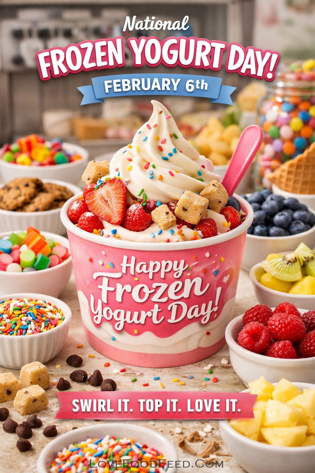 National-frozen-yogurt-day-february-6-pin-EN-01 A colorful frozen yogurt cup topped with strawberries, raspberries, and sprinkles, celebrating National Frozen Yogurt Day.