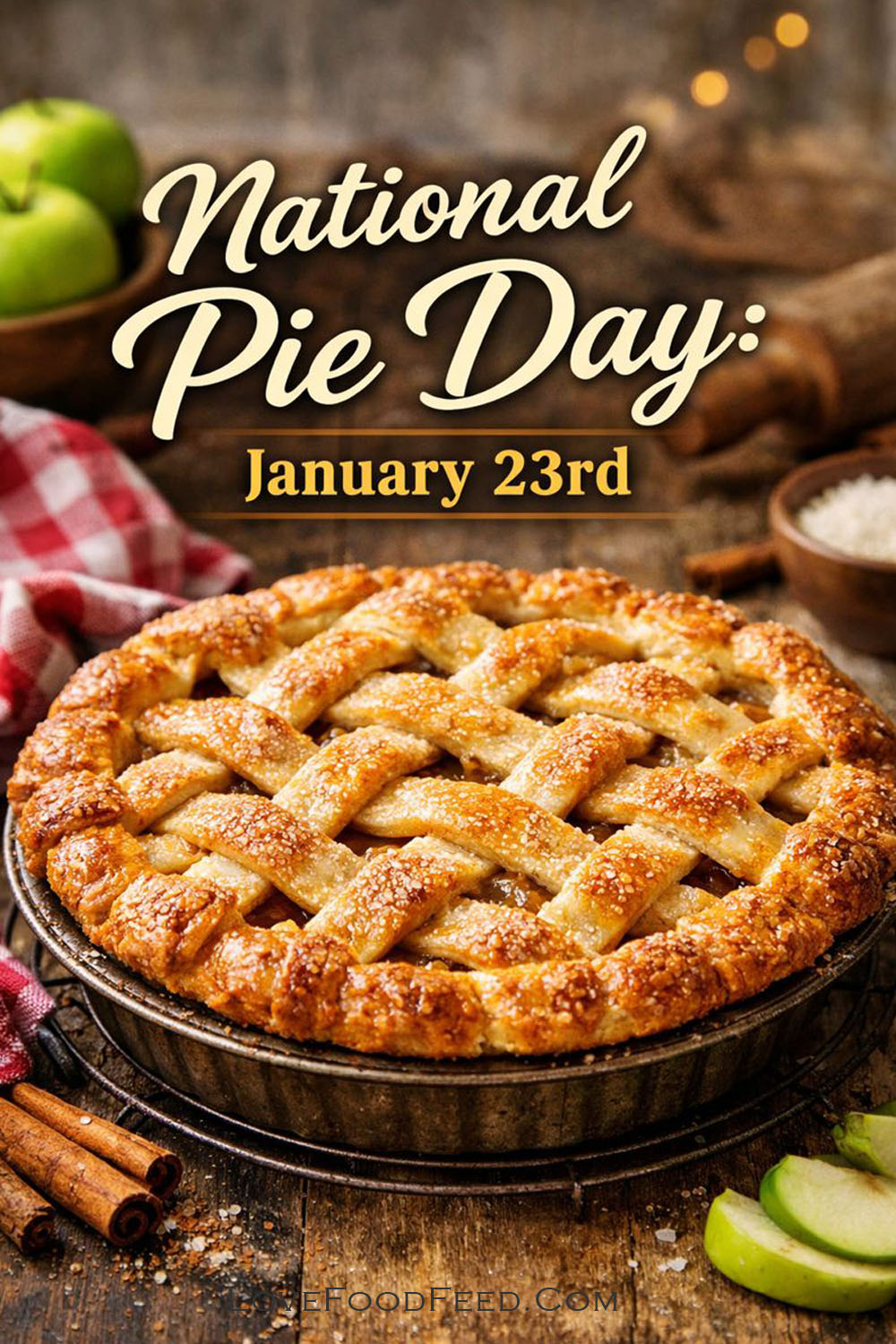 National-pie-day-January-23rd-1500-EN-01 A delicious apple pie with a golden lattice crust, celebrating National Pie Day on January 23rd.