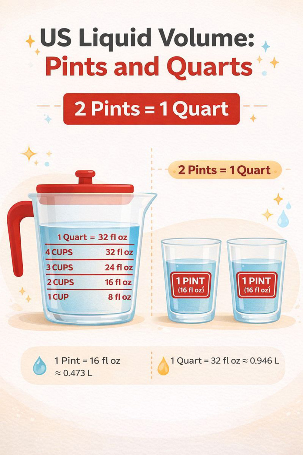 Pints-per-quart-pin-02 Illustration showing the conversion between pints and quarts, with measurements and a measuring cup.