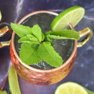 A Moscow Mule cocktail garnished with fresh mint and a lime wedge in a copper mug.