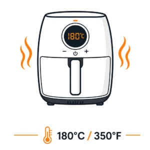 Das Temperatursymbol der Heißluftfritteuse zeigt eine Vorheizstufe von 180 °C / 350 °F an.