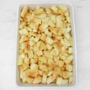 Chopped apples coated with sugar in a baking dish.