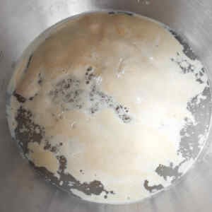 A mixture of yeast and water bubbling in a metal bowl, ready for making burger buns.