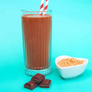 Chocolate peanut butter smoothie made from meal prep freezer packs.
