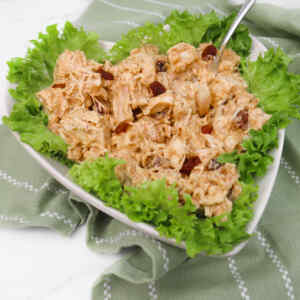 A creamy coronation chicken salad served on a bed of fresh lettuce.