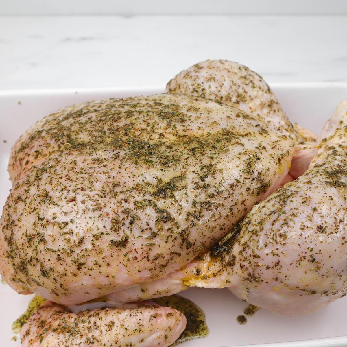 Roast Chicken A seasoned whole roast chicken ready for the oven.