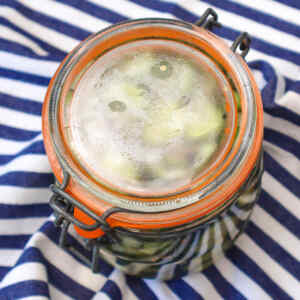 A jar of quick pickled cucumbers with a glass lid, resting on a striped fabric.