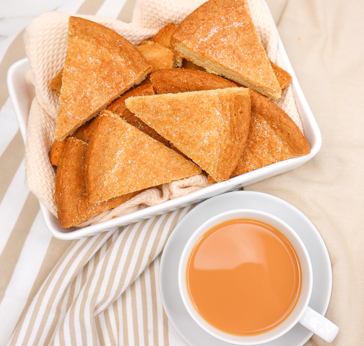 Scottish shortbread A plate of Scottish shortbread cookies served with a cup of tea.