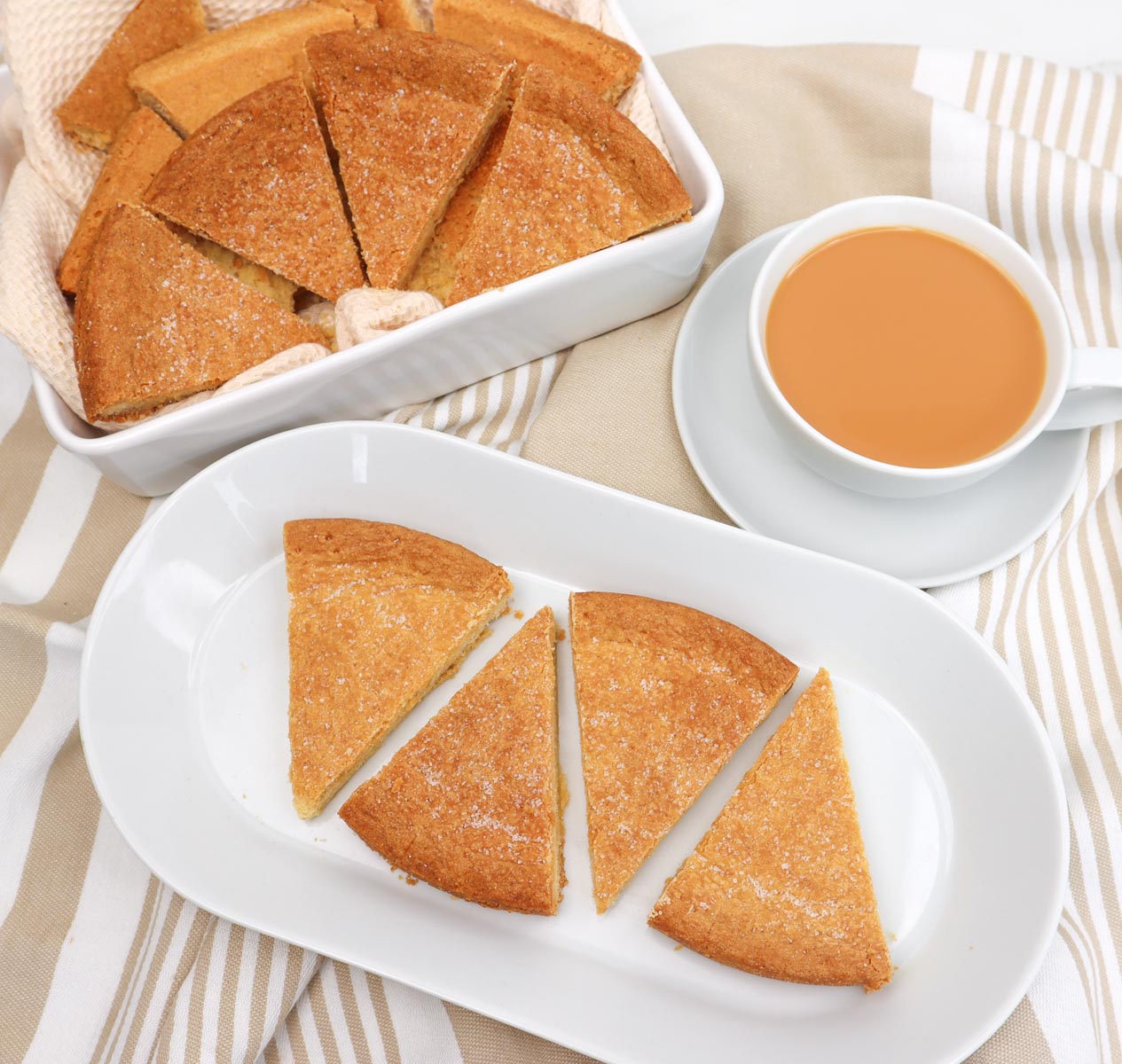 Scottish shortbread Sliced Scottish shortbread served on a plate with a cup of tea nearby.