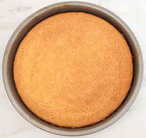 A round, golden-brown Scottish shortbread in a metal baking pan.