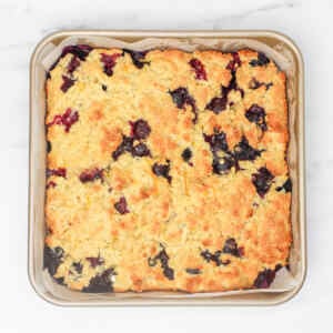 A golden-brown blueberry biscuit baked in a square pan, with visible blueberries throughout.