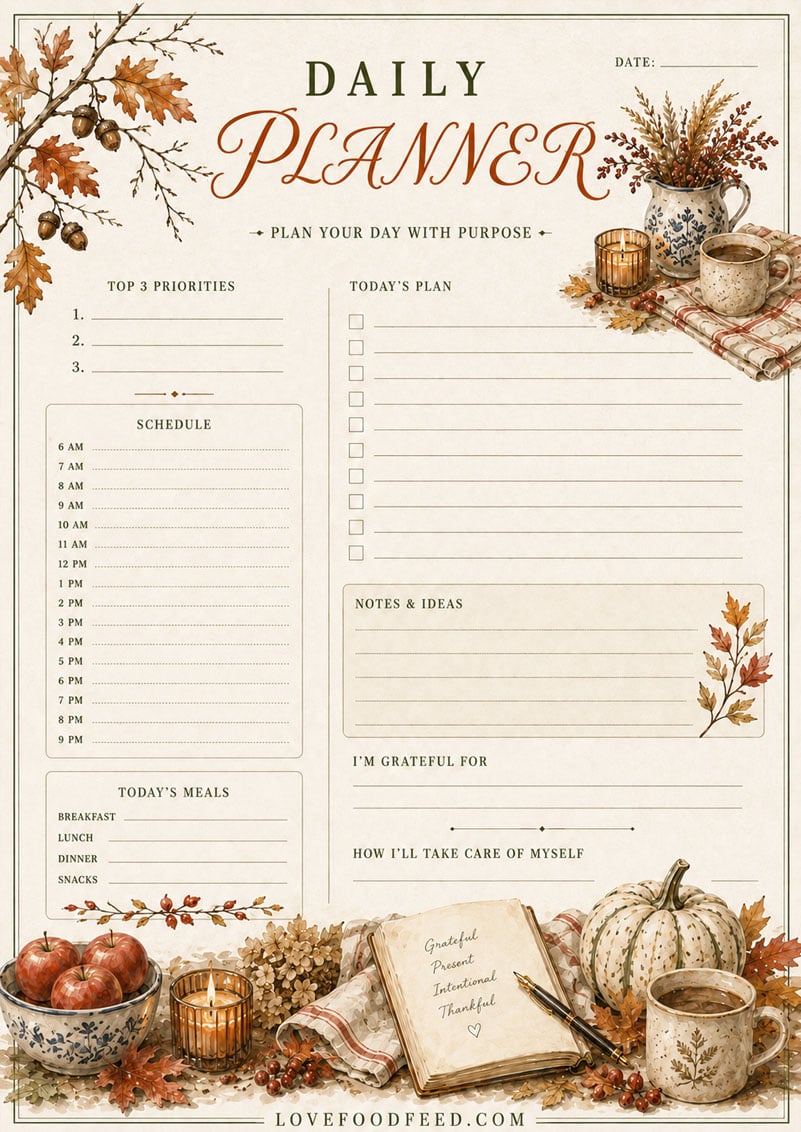 Fall Daily Planner Fall Daily Planner printable page for organizing daily plans, priorities, and tasks