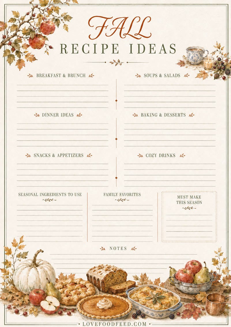 Fall Recipe Ideas Fall Recipe Ideas printable page for collecting seasonal recipes and cooking inspiration