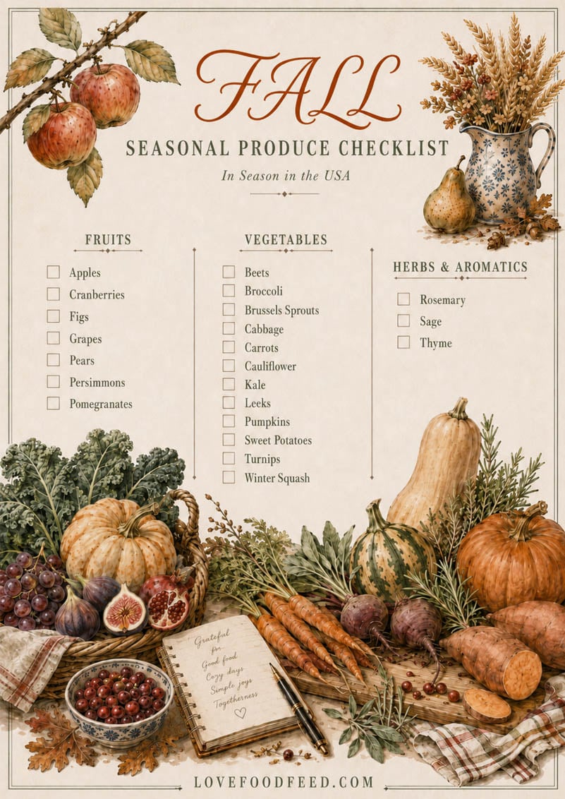Seasonal Produce Checklist for Fall Seasonal Produce Checklist for Fall printable with autumn fruits and vegetables